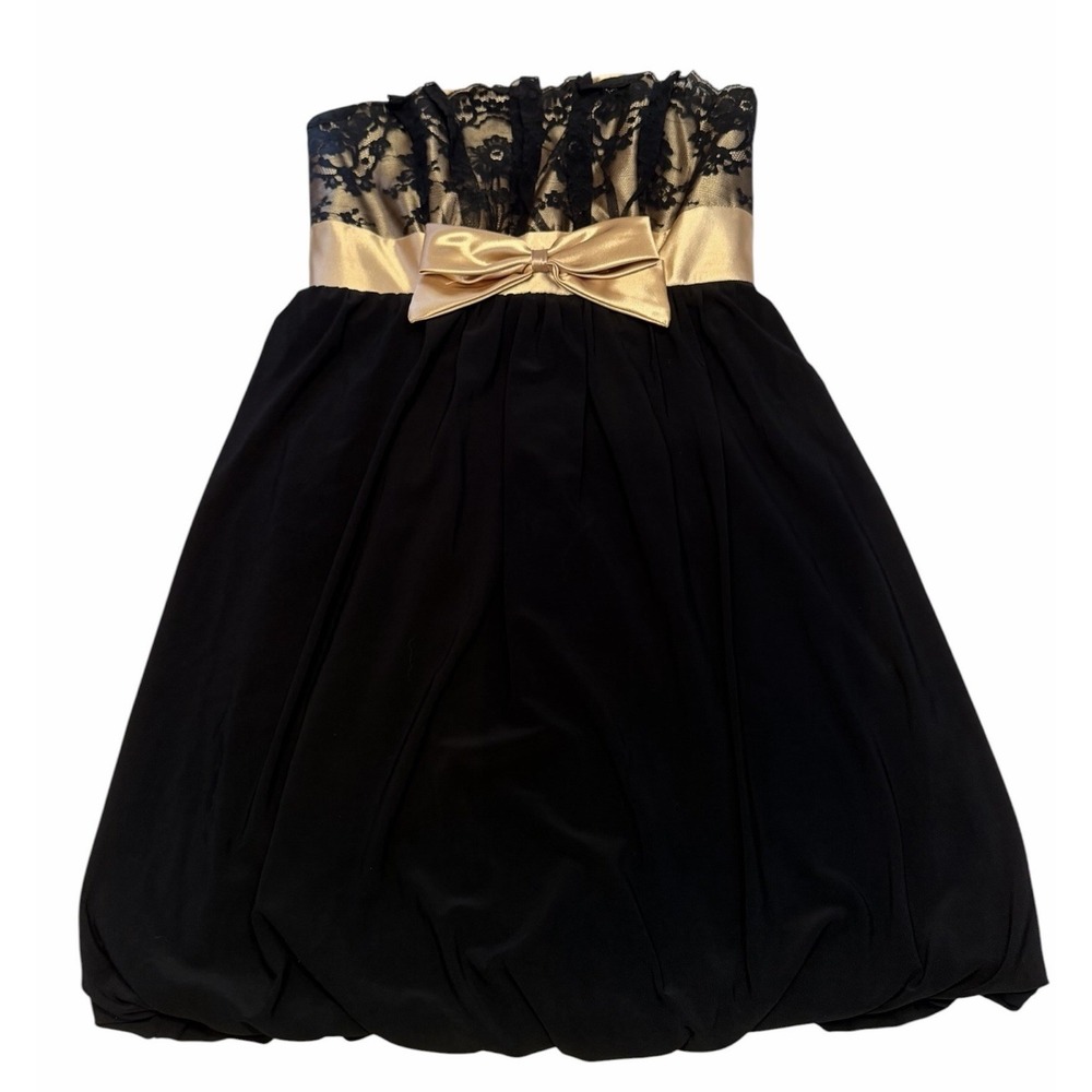Y2K Jessica McClintock Gunne Sax Black Gold Lace Bubble Hem Dress Size 3 Formal